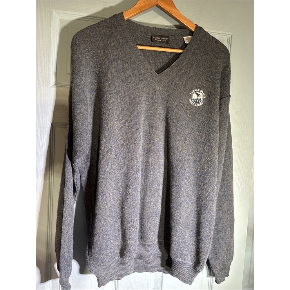 PEBBLE BEACH COLLECTION Gray- Green Baby Alpaca Wool V-Neck Sweater SZ Large